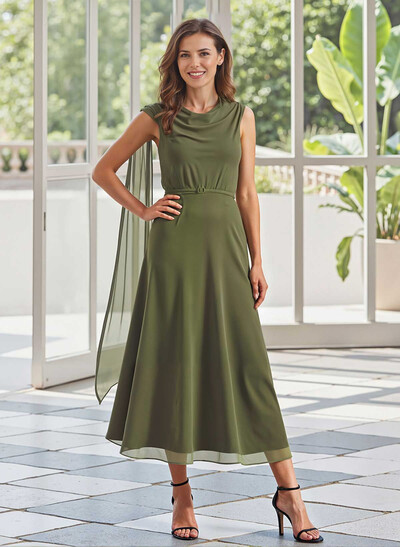 Elegant Cowl Neck A-Line Tea-Length Chiffon/Elastic Satin Mother Of The Bride Dresses