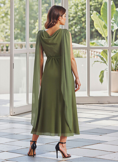 Elegant Cowl Neck A-Line Tea-Length Chiffon/Elastic Satin Mother Of The Bride Dresses
