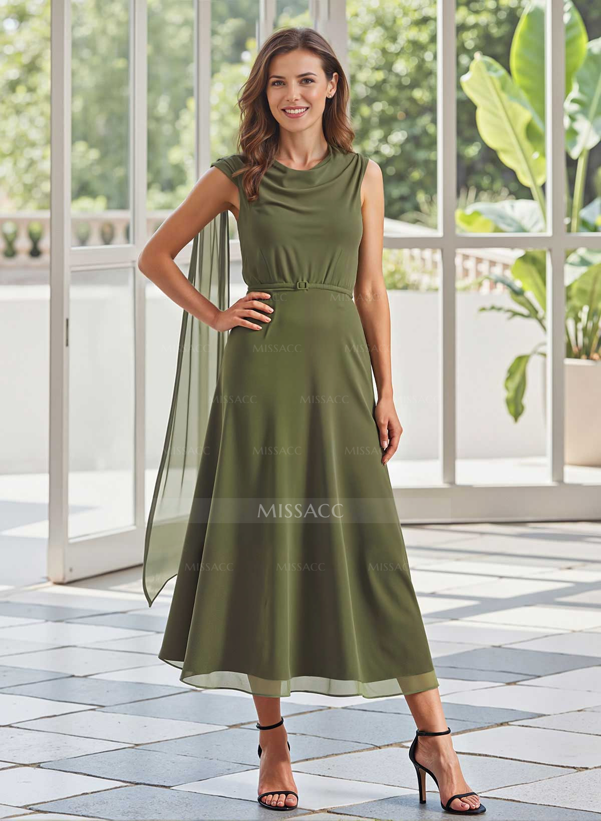 Elegant Cowl Neck A-Line Tea-Length Chiffon/Elastic Satin Mother Of The Bride Dresses