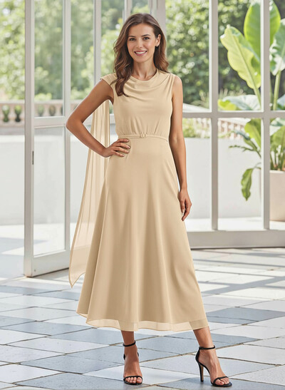 Elegant Cowl Neck A-Line Tea-Length Chiffon/Elastic Satin Mother Of The Bride Dresses