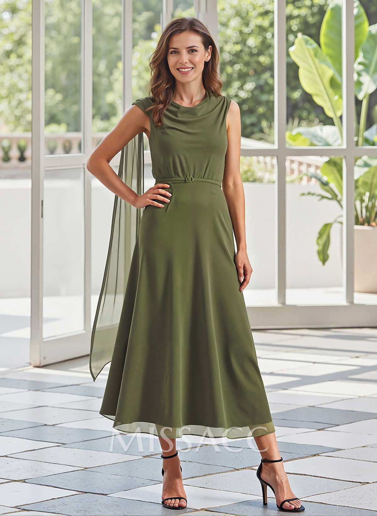 Elegant Cowl Neck A-Line Tea-Length Chiffon/Elastic Satin Mother Of The Bride Dresses