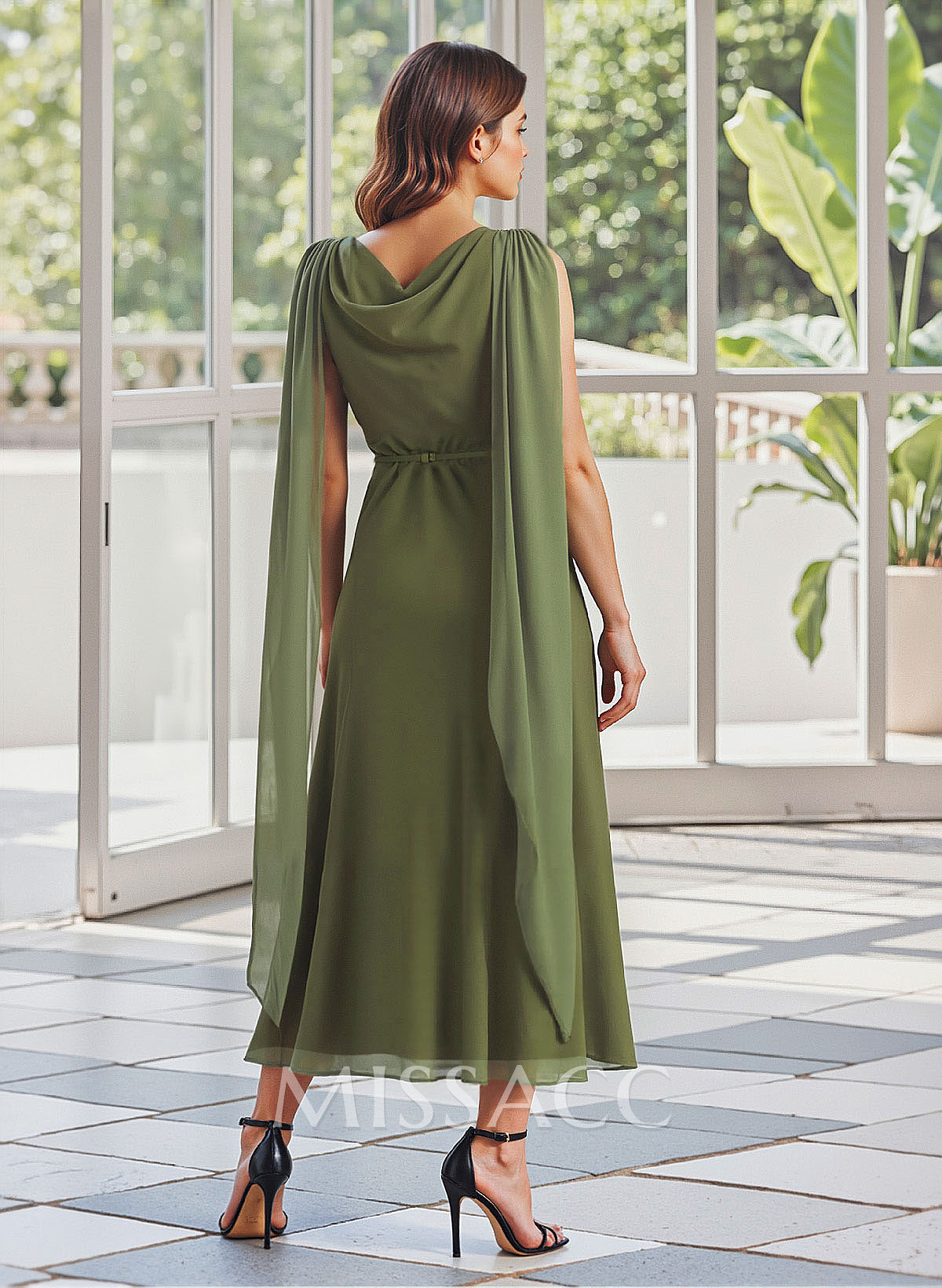 Elegant Cowl Neck A-Line Tea-Length Chiffon/Elastic Satin Mother Of The Bride Dresses