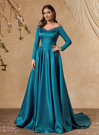 Elegant Off-The-Shoulder Long Sleeves A-Line Sweep Train Satin Mother Of The Bride Dresses