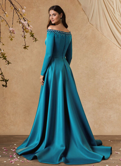 Elegant Off-The-Shoulder Long Sleeves A-Line Sweep Train Satin Mother Of The Bride Dresses
