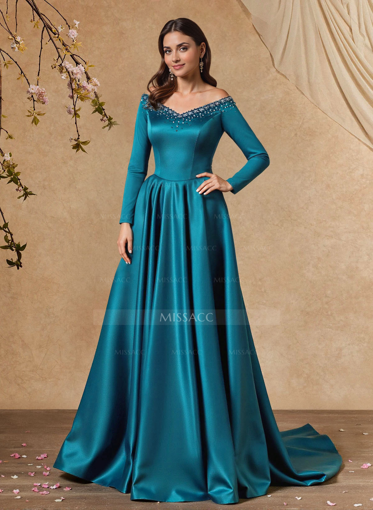 Elegant Off-The-Shoulder Long Sleeves A-Line Sweep Train Satin Mother Of The Bride Dresses