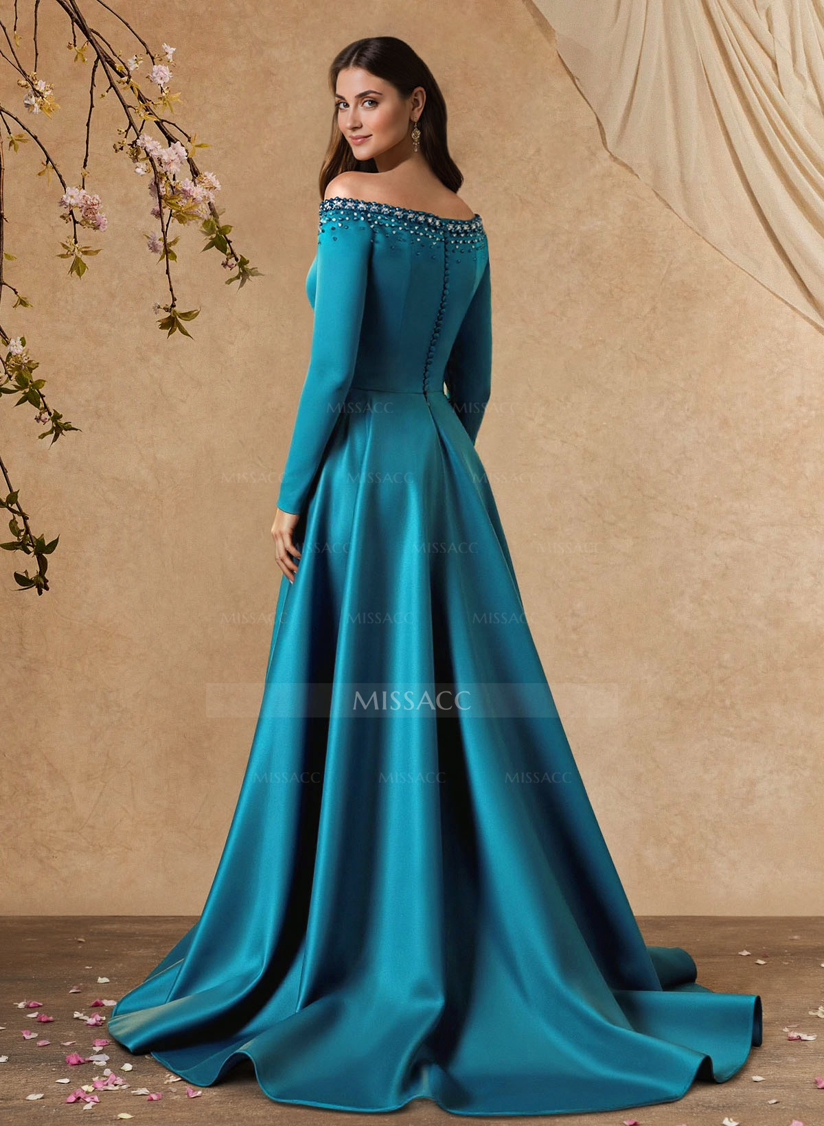 Elegant Off-The-Shoulder Long Sleeves A-Line Sweep Train Satin Mother Of The Bride Dresses