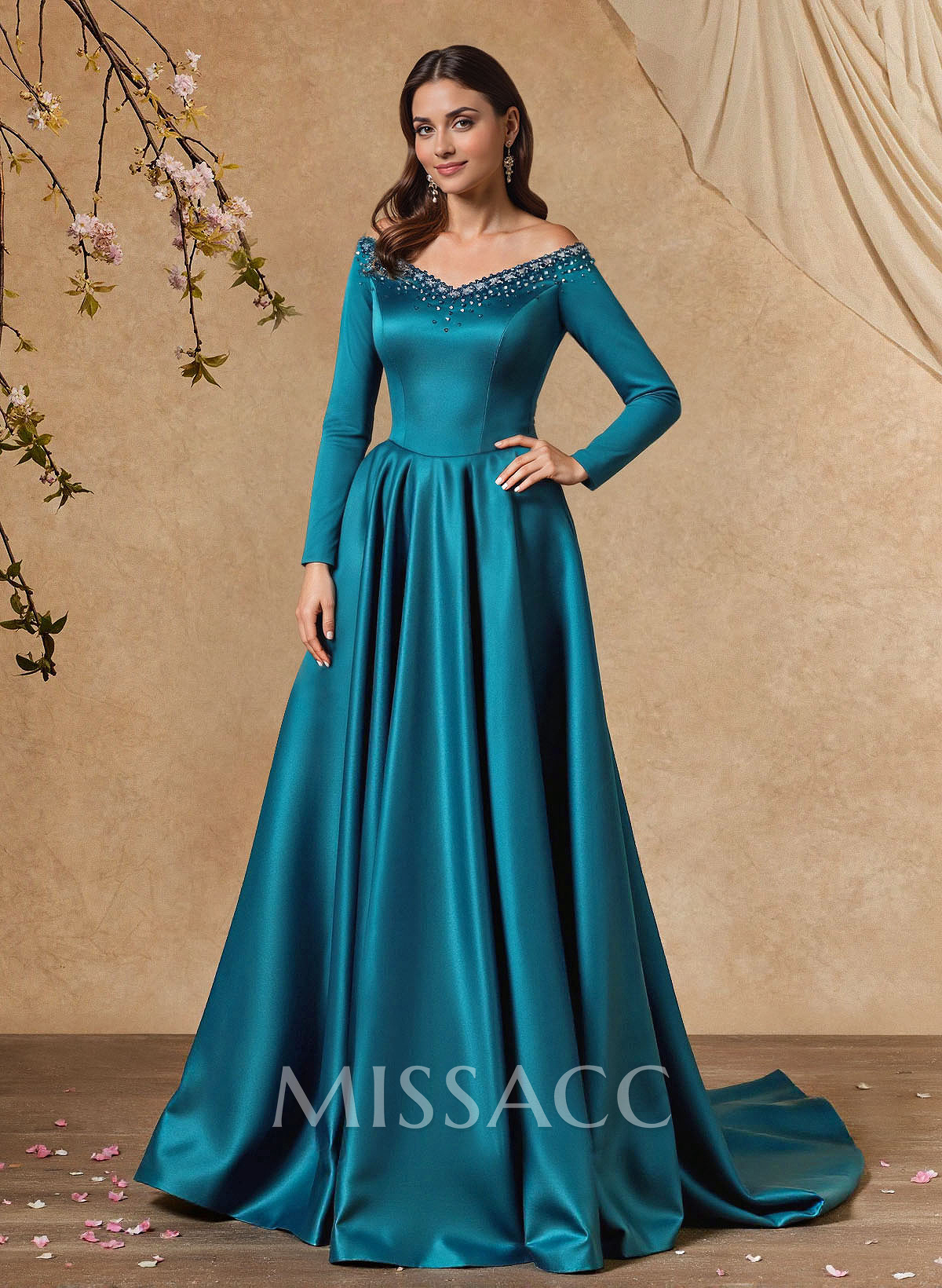 Elegant Off-The-Shoulder Long Sleeves A-Line Sweep Train Satin Mother Of The Bride Dresses