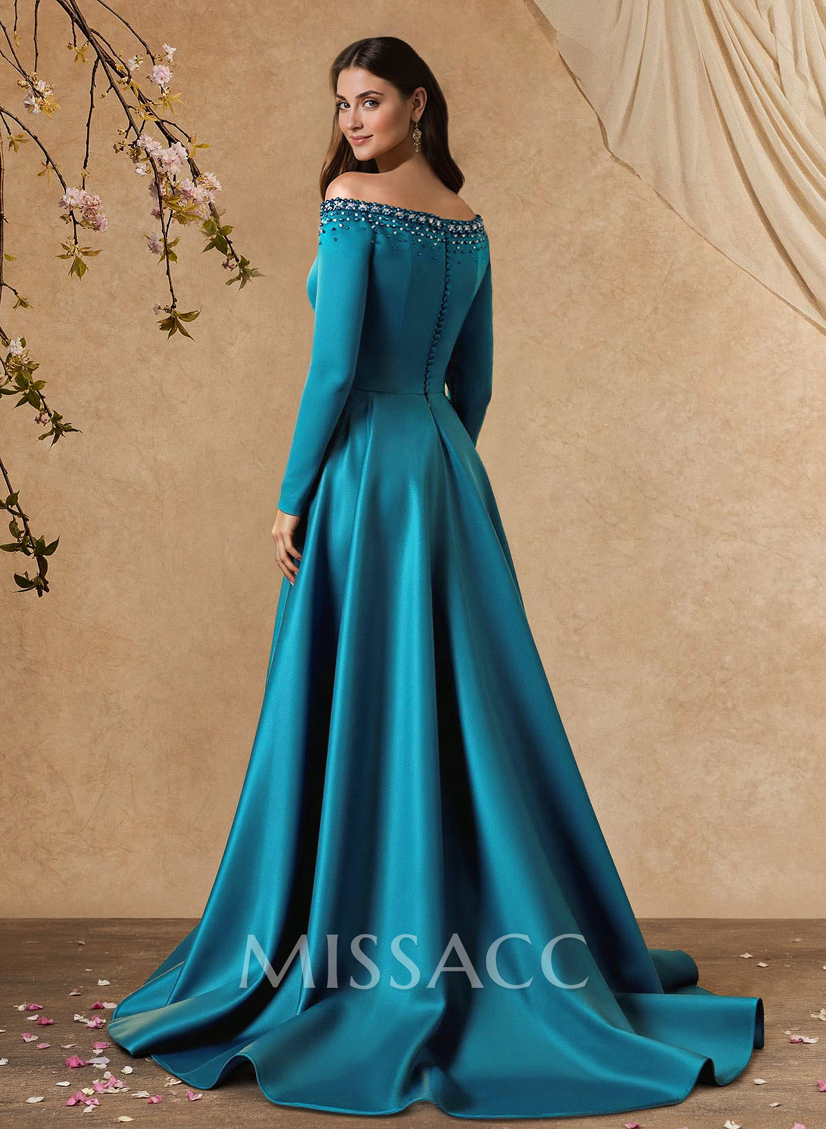 Elegant Off-The-Shoulder Long Sleeves A-Line Sweep Train Satin Mother Of The Bride Dresses