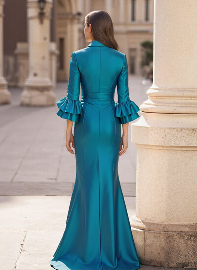 Elegant V-Neck Ruffle 3/4 Sleeves Mermaid Floor-Length Satin Mother Of The Bride Dresses