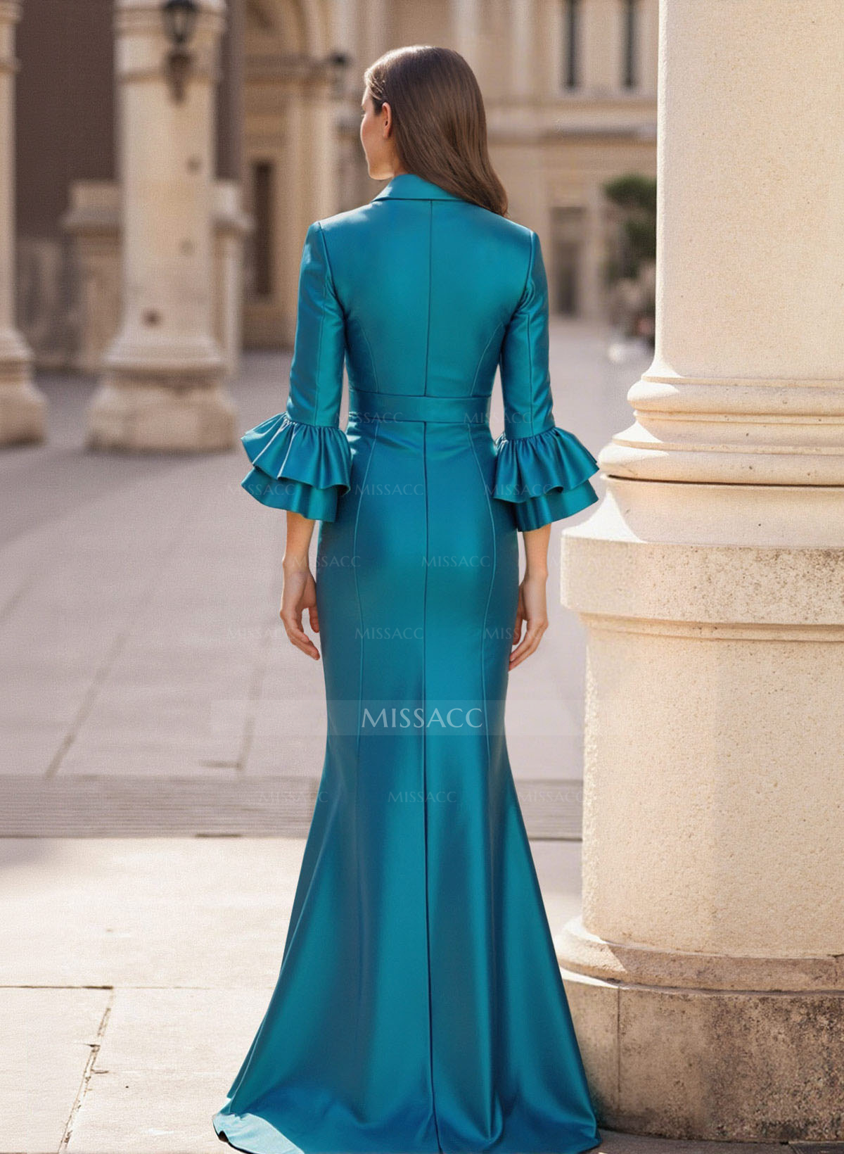 Elegant V-Neck Ruffle 3/4 Sleeves Mermaid Floor-Length Satin Mother Of The Bride Dresses
