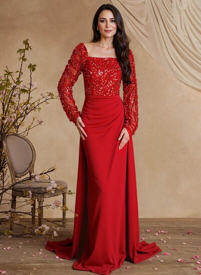 Lace Square Neckline Long Sleeves Overskirt Sweep Train Elastic Satin Mother Of The Bride Dresses