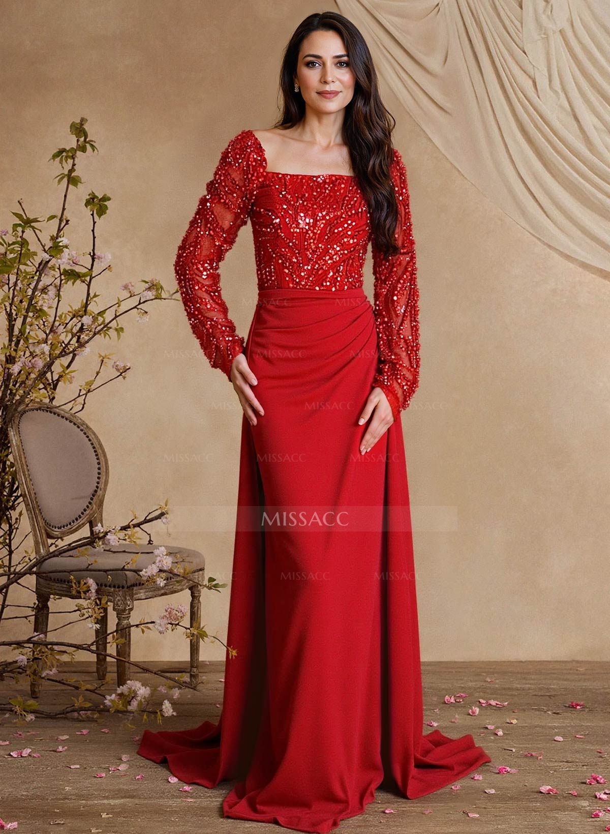 Lace Square Neckline Long Sleeves Overskirt Sweep Train Elastic Satin Mother Of The Bride Dresses