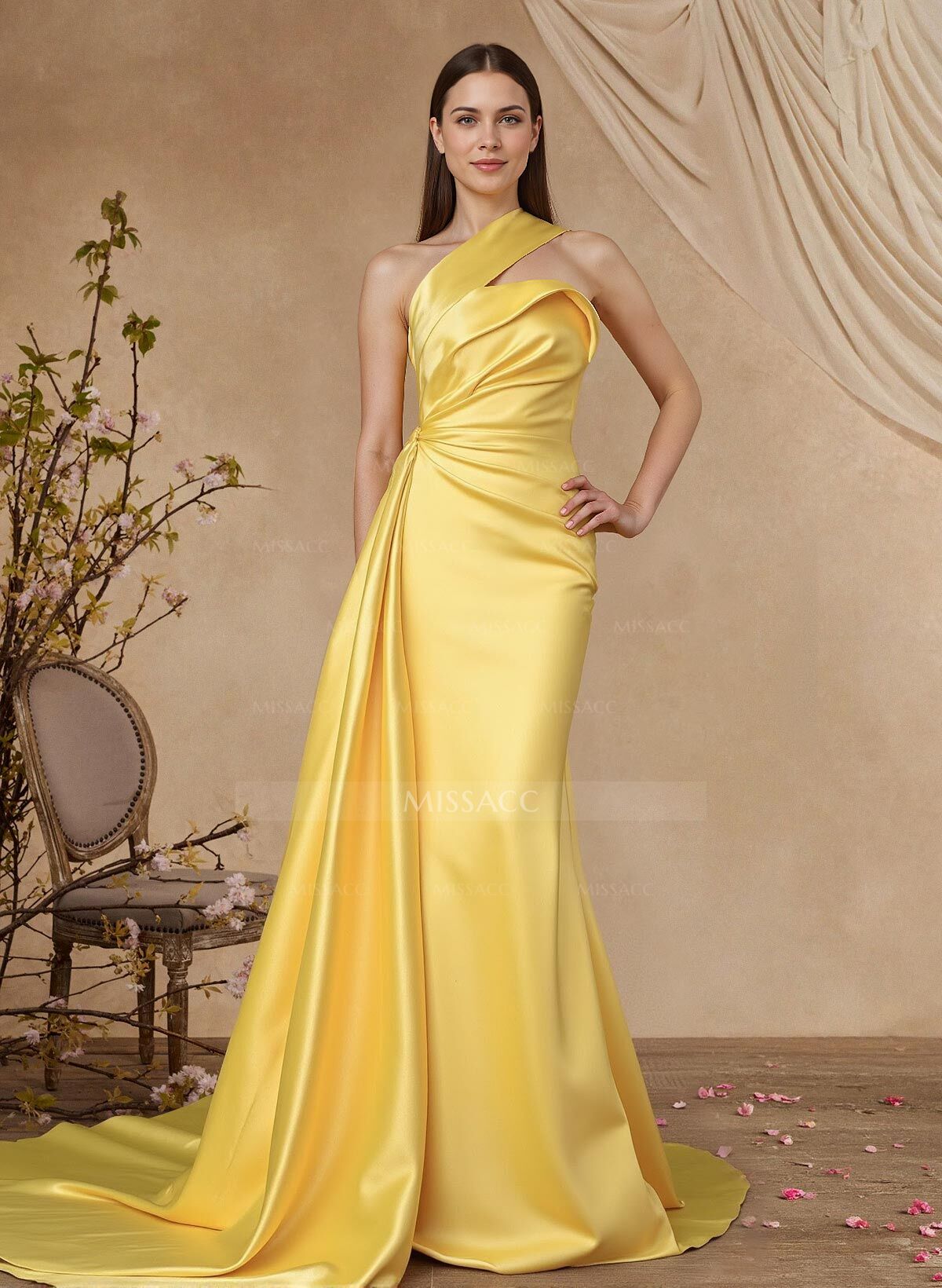 Elegant One-Shoulder Mermaid Sweep Train Satin Mother Of The Bride Dresses With Sweeping Side Drape