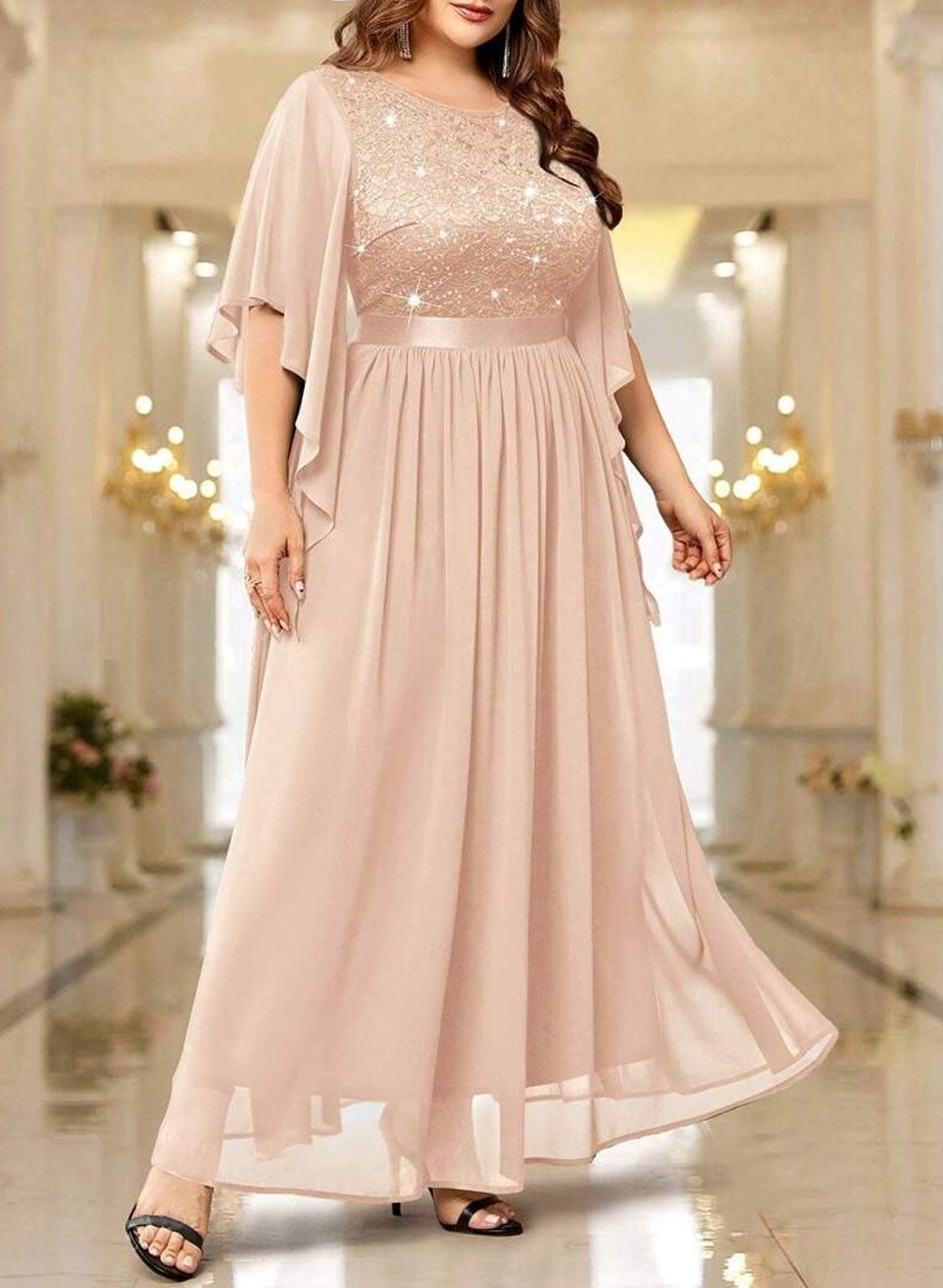 Elegant Scoop Neck Cape Sleeves A-Line Lace/Chiffon Mother Of The Bride Dresses With Ruffle