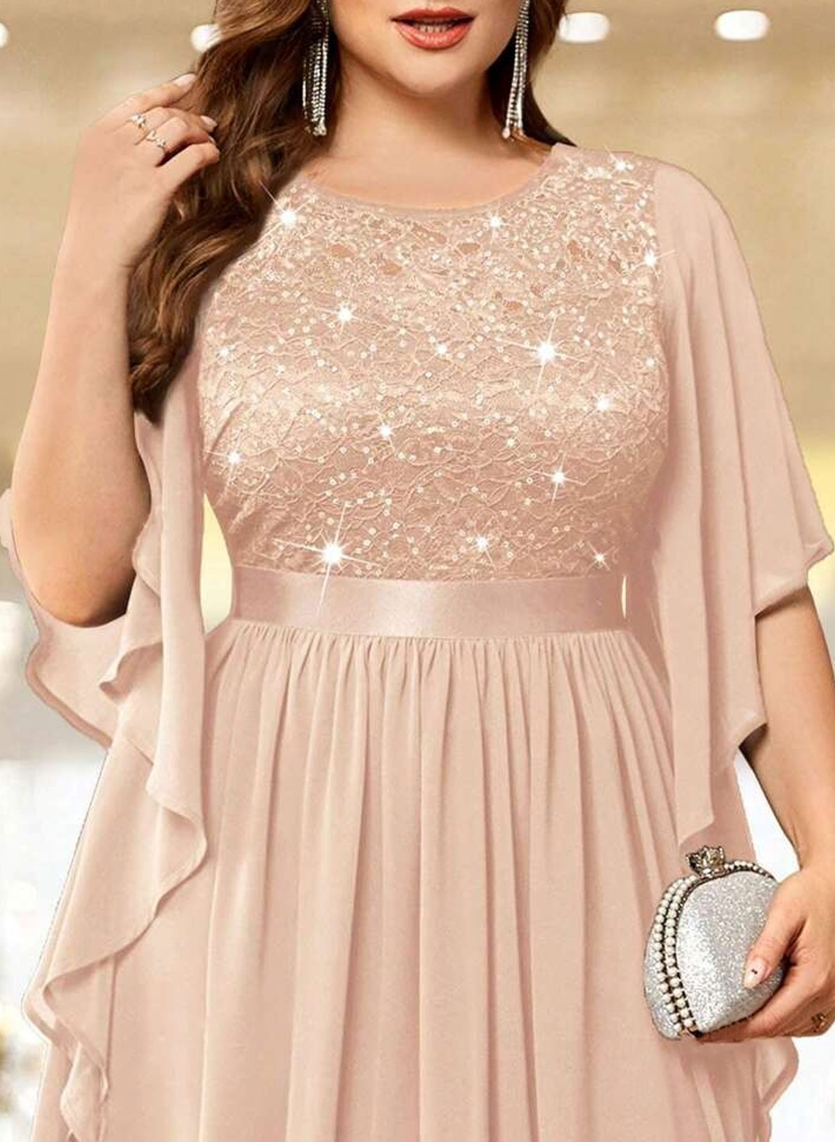 Elegant Scoop Neck Cape Sleeves A-Line Lace/Chiffon Mother Of The Bride Dresses With Ruffle