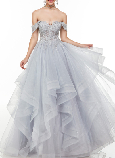 Sparkle & Shine Off-The-Shoulder A-Line Floor-Length Lace/Tulle Prom Dresses With Sequins