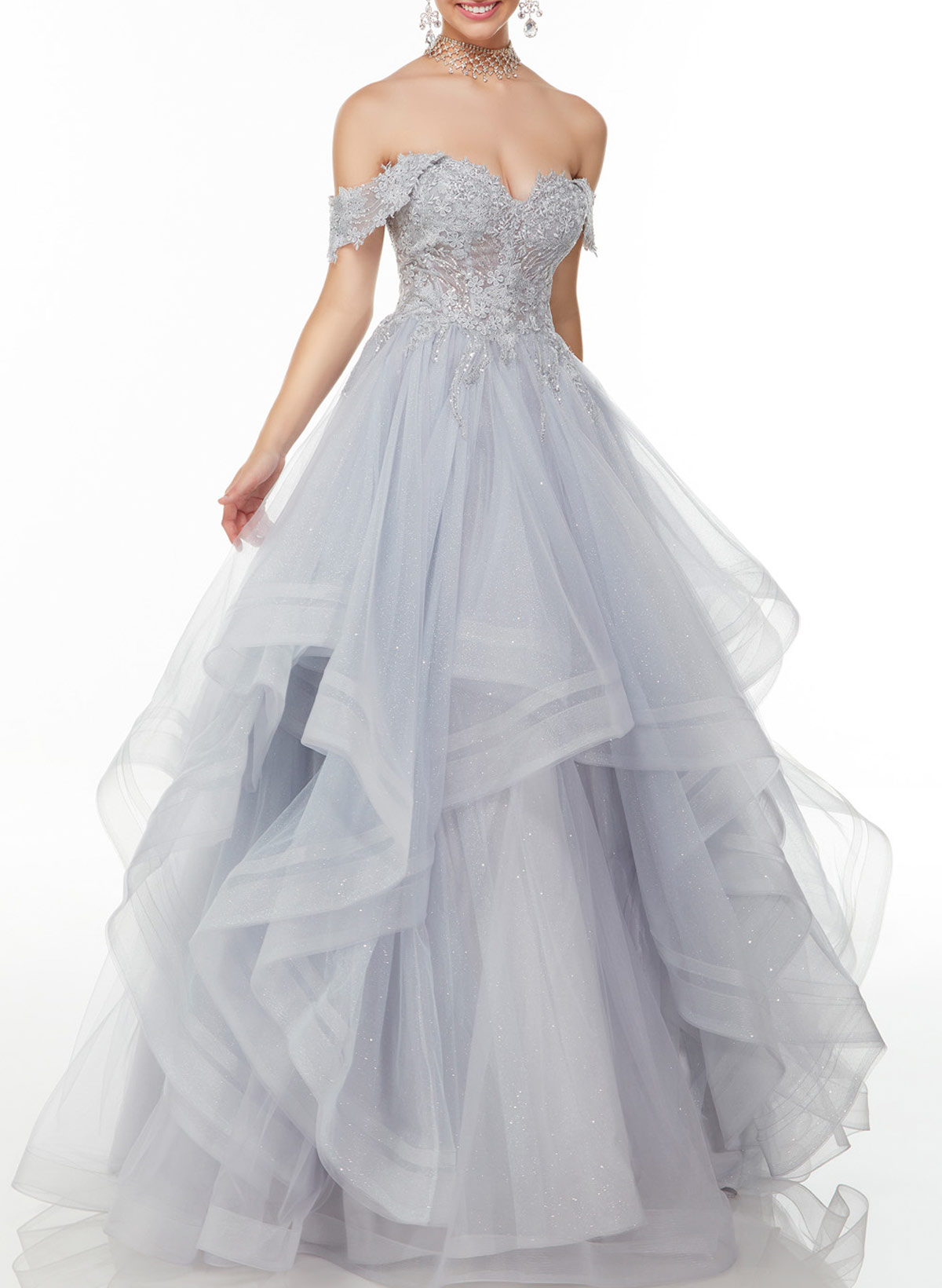 Sparkle & Shine Off-The-Shoulder A-Line Floor-Length Lace/Tulle Prom Dresses With Sequins
