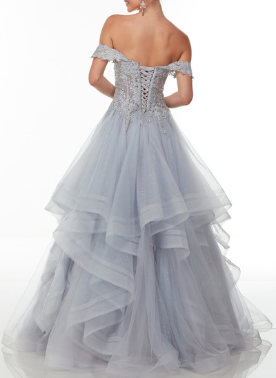 Sparkle & Shine Off-The-Shoulder A-Line Floor-Length Lace/Tulle Prom Dresses With Sequins