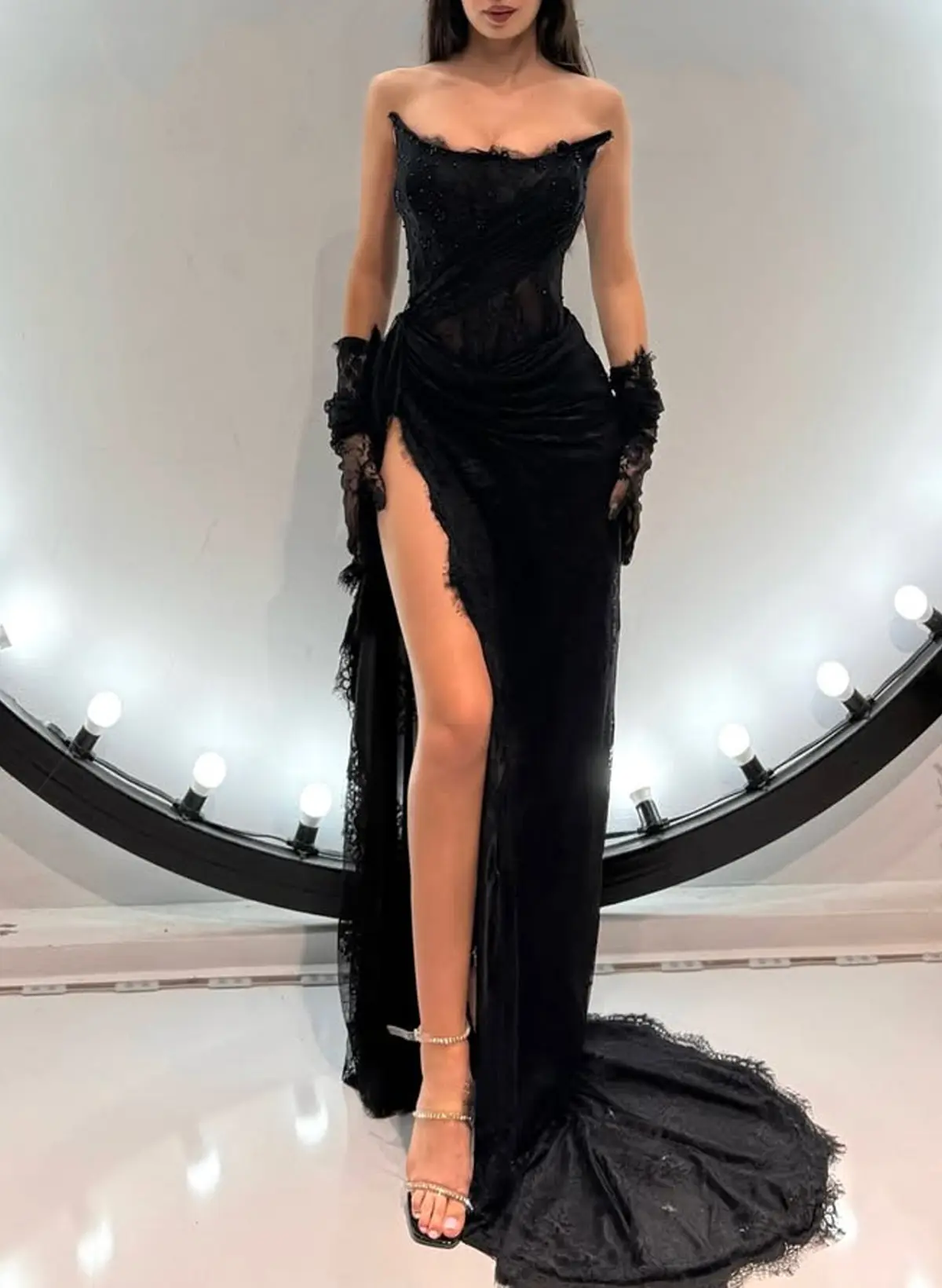 Cowl Neck Sleeveless High Split Sweep Train Lace/Stretch Satin Prom Dresses $169