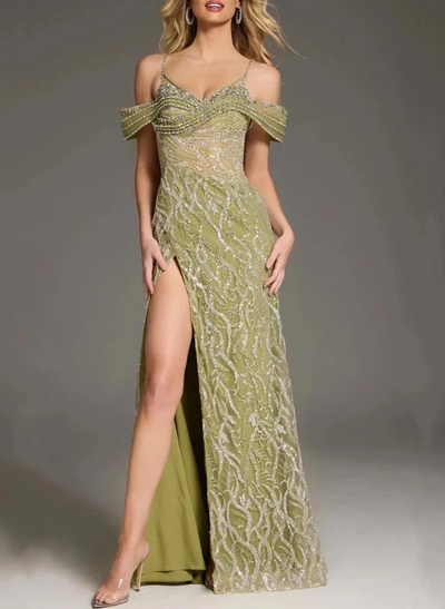Sparkle & Shine Cold Shoulder High Split Floor-Length Sequined/Crepe Satin Prom Dresses With Beading