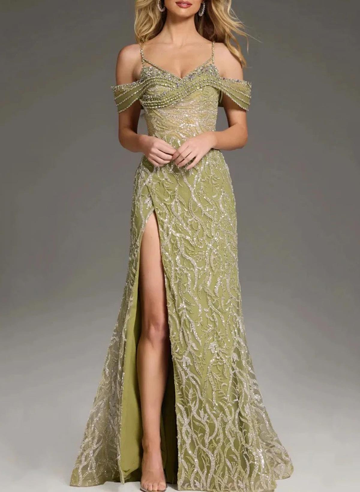 Sparkle & Shine Cold Shoulder High Split Floor-Length Sequined/Crepe Satin Prom Dresses With Beading
