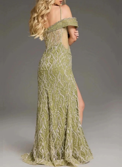Sparkle & Shine Cold Shoulder High Split Floor-Length Sequined/Crepe Satin Prom Dresses With Beading