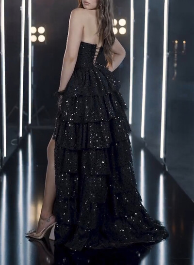 Sparkle & Shine Cowl Neck Tiered A-Line High Split Sweep Train Tulle/Sequined Prom Dresses