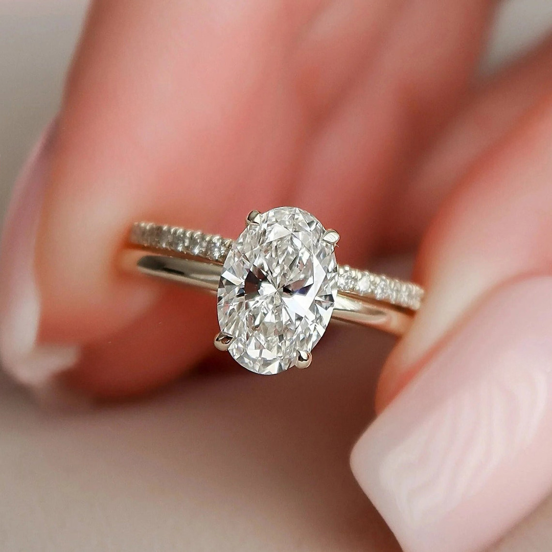 2CT Oval Cut Moissanite Engagement Ring Set In Sterling Silver - 14K Gold Plated