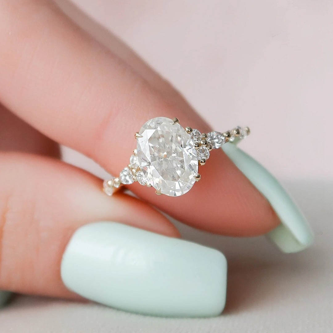 2CT Oval & Round Cut Moissanite Engagement Ring In Sterling Silver - 14K Gold Plated