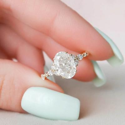 2CT Oval & Round Cut Moissanite Engagement Ring In Sterling Silver - 14K Gold Plated