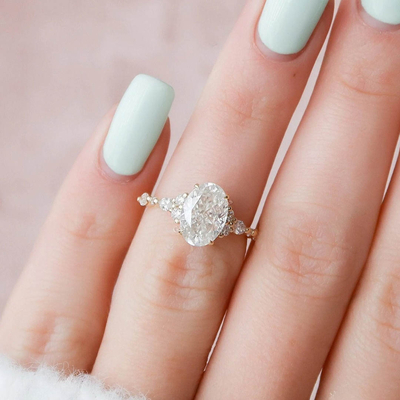 2CT Oval & Round Cut Moissanite Engagement Ring In Sterling Silver - 14K Gold Plated