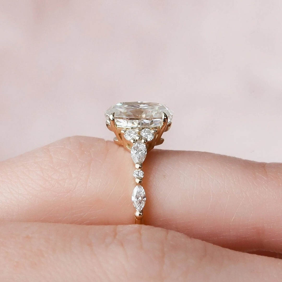 2CT Oval & Round Cut Moissanite Engagement Ring In Sterling Silver - 14K Gold Plated