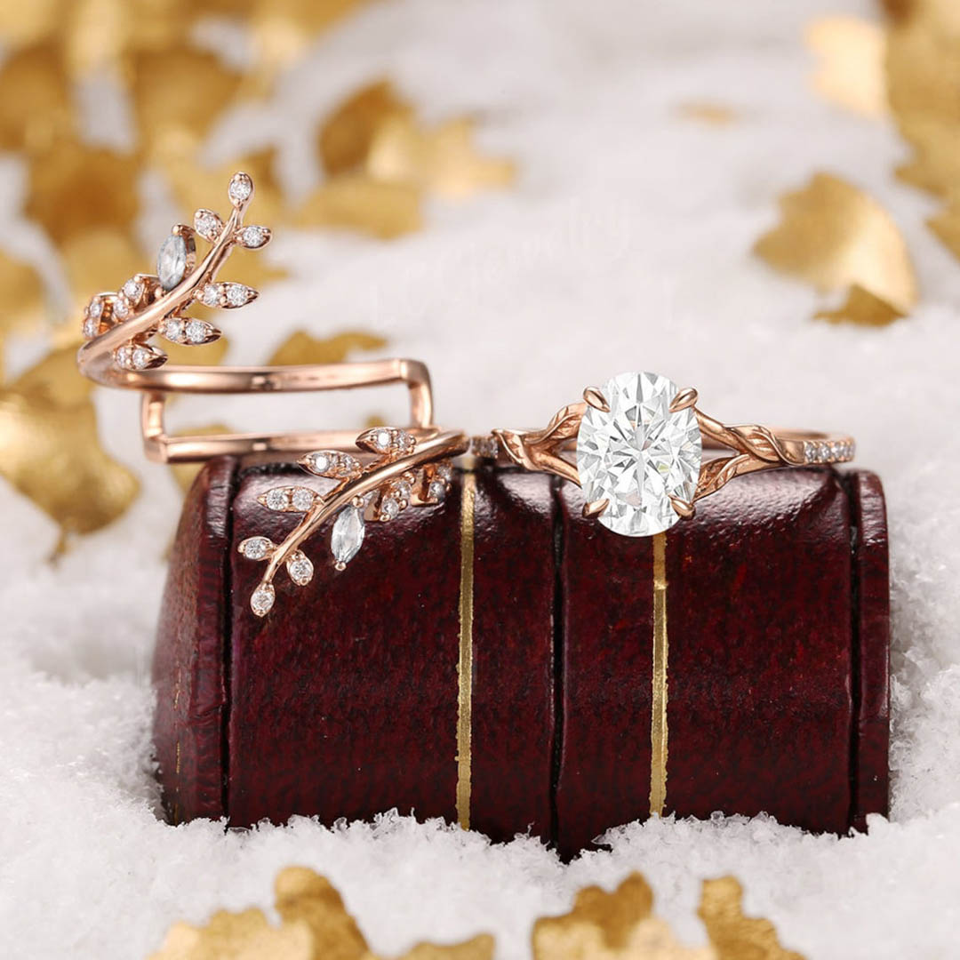 1.79CT Oval & Round Cut Moissanite Engagement Ring Set In Sterling Silver - 14K Gold Plated
