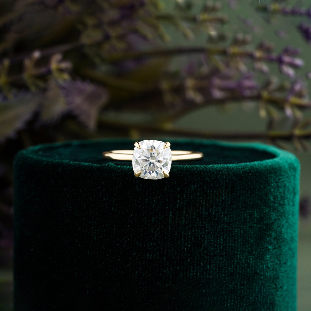 2CT Cushion Cut Square Moissanite Solitaire Engagement Ring In Sterling Silver - 14K Yellow Gold Plated