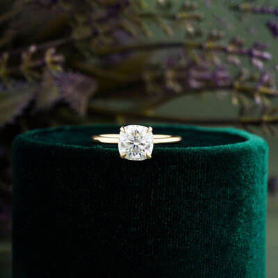 2CT Cushion Cut Square Moissanite Solitaire Engagement Ring In Sterling Silver - 14K Yellow Gold Plated