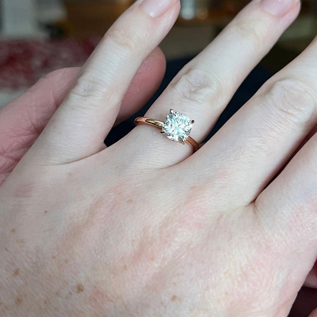 2CT Cushion Cut Square Moissanite Solitaire Engagement Ring In Sterling Silver - 14K Yellow Gold Plated