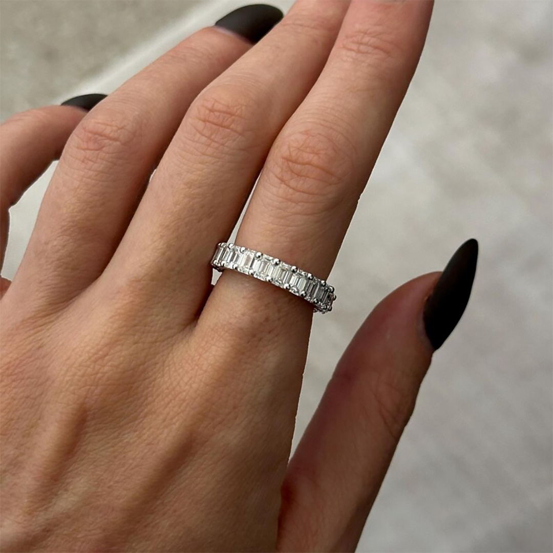 6.58CT Round & Emerald Cut Moissanite Wedding Band In Sterling Silver - 14K Gold Plated