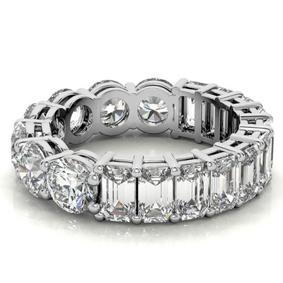 6.58CT Round & Emerald Cut Moissanite Wedding Band In Sterling Silver - 14K Gold Plated