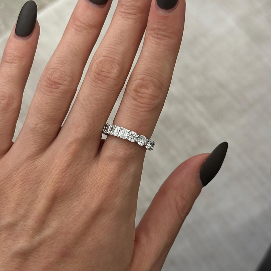6.58CT Round & Emerald Cut Moissanite Wedding Band In Sterling Silver - 14K Gold Plated