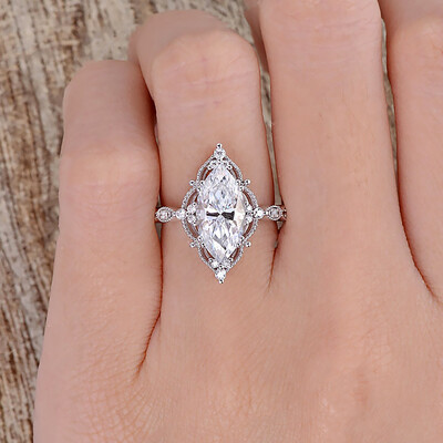 2CT Marquise Cut Moissanite Engagement Ring In Sterling Silver - 14K White Gold Plated