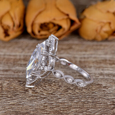 2CT Marquise Cut Moissanite Engagement Ring In Sterling Silver - 14K White Gold Plated