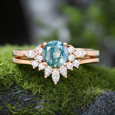1CT Round Cut Moss Agate With Round & Marquise Cut Moissanite Engagement Ring Set In Sterling Silver