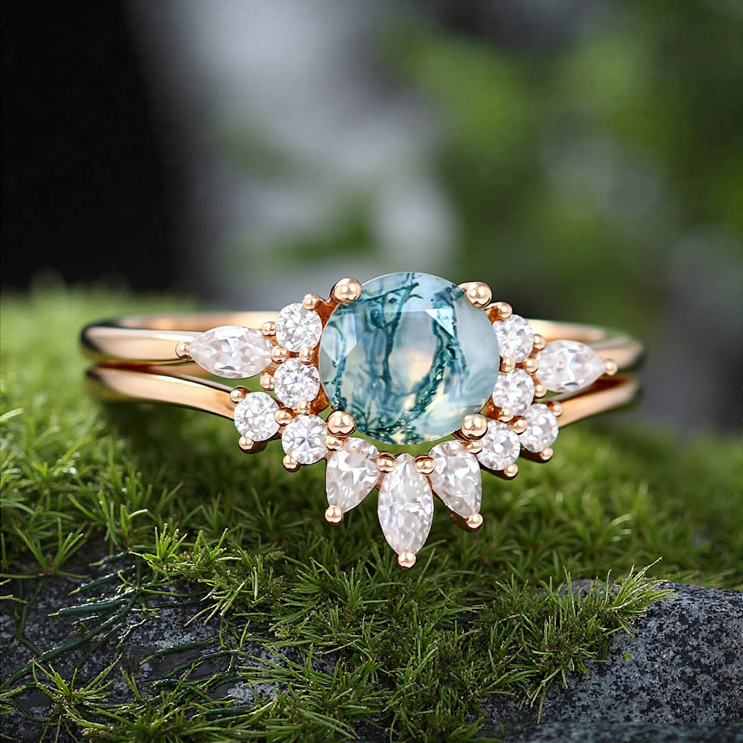 1CT Round Cut Moss Agate With Round & Marquise Cut Moissanite Engagement Ring Set In Sterling Silver
