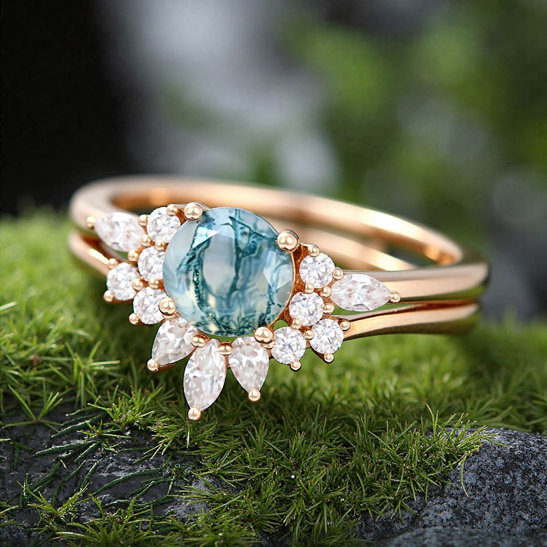 1CT Round Cut Moss Agate With Round & Marquise Cut Moissanite Engagement Ring Set In Sterling Silver