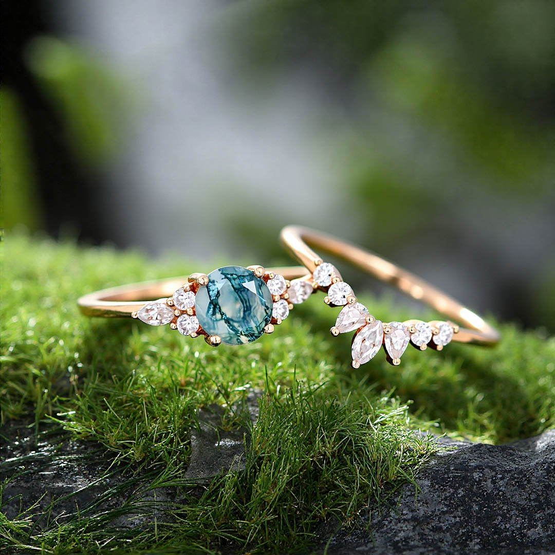1CT Round Cut Moss Agate With Round & Marquise Cut Moissanite Engagement Ring Set In Sterling Silver