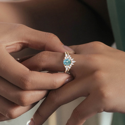 1CT Round Cut Moss Agate With Round & Marquise Cut Moissanite Engagement Ring Set In Sterling Silver