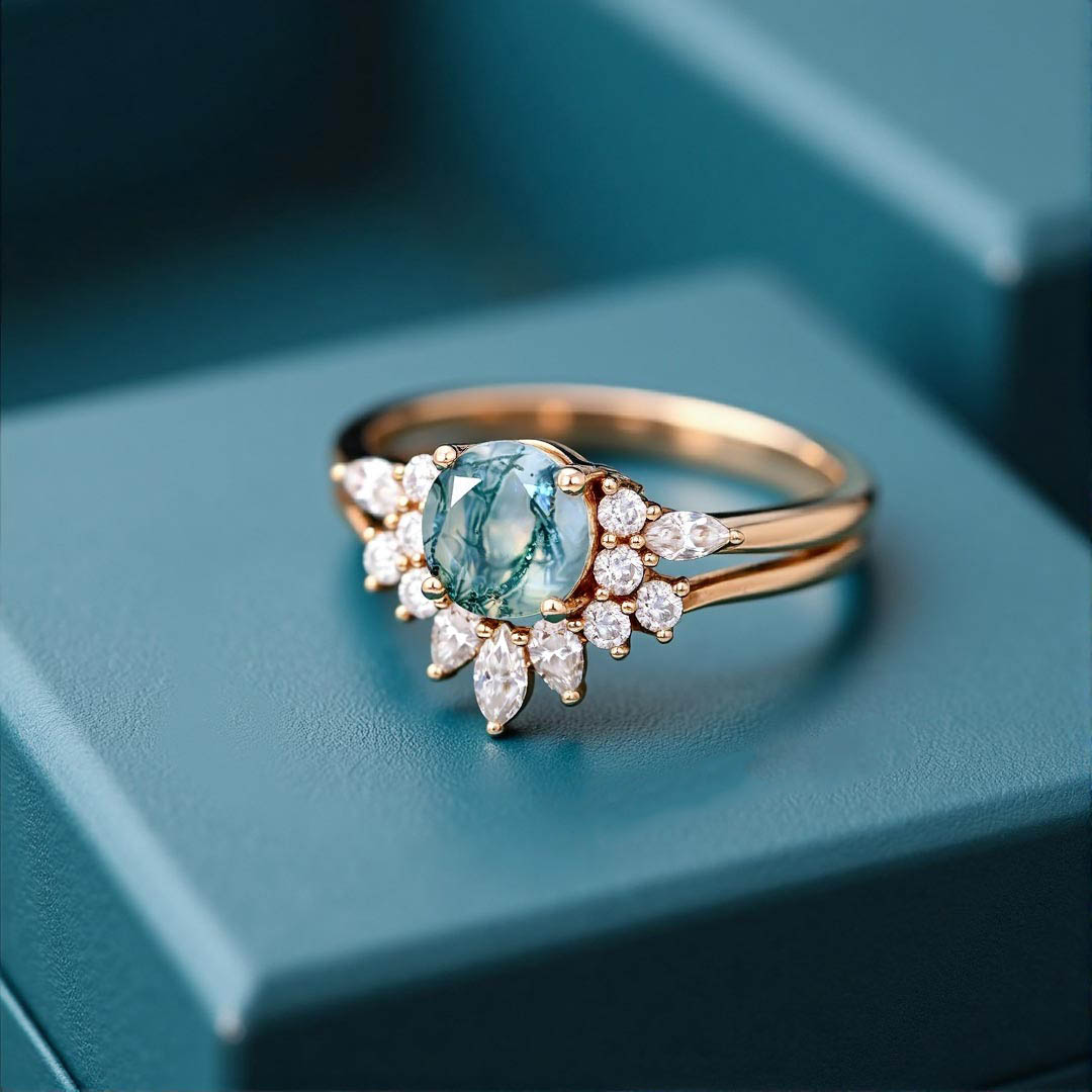 1CT Round Cut Moss Agate With Round & Marquise Cut Moissanite Engagement Ring Set In Sterling Silver