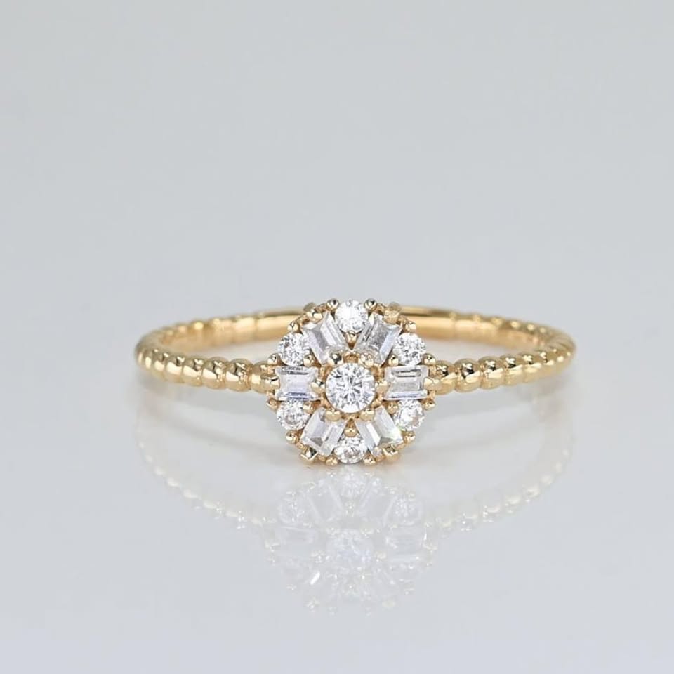 0.1536CT Emerald & Round Cut Moissanite Engagement Ring In Sterling Silver - 14K Gold Plated