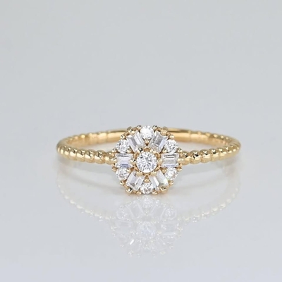 0.1536CT Emerald & Round Cut Moissanite Engagement Ring In Sterling Silver - 14K Gold Plated