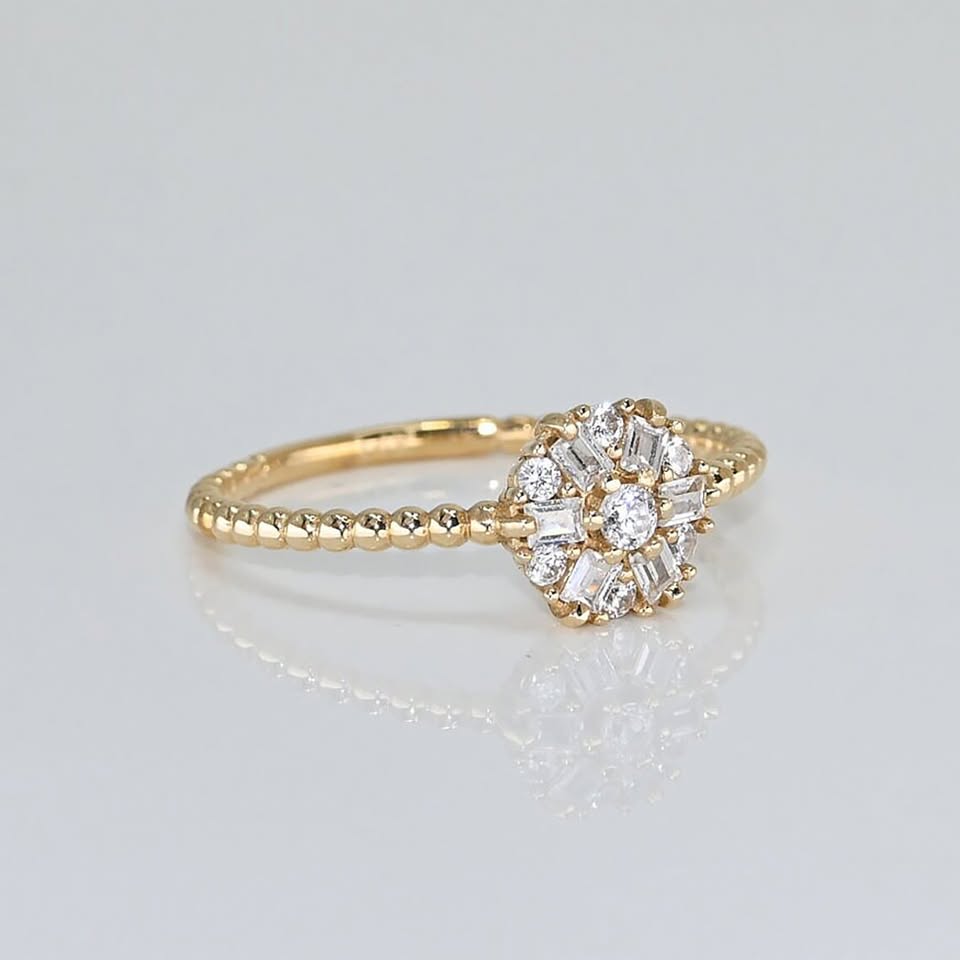 0.1536CT Emerald & Round Cut Moissanite Engagement Ring In Sterling Silver - 14K Gold Plated